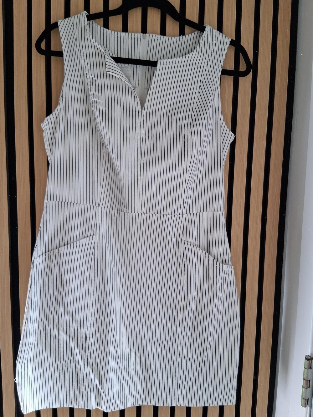 Sleeveless White Pinstripe Shift Dress SCHWIING